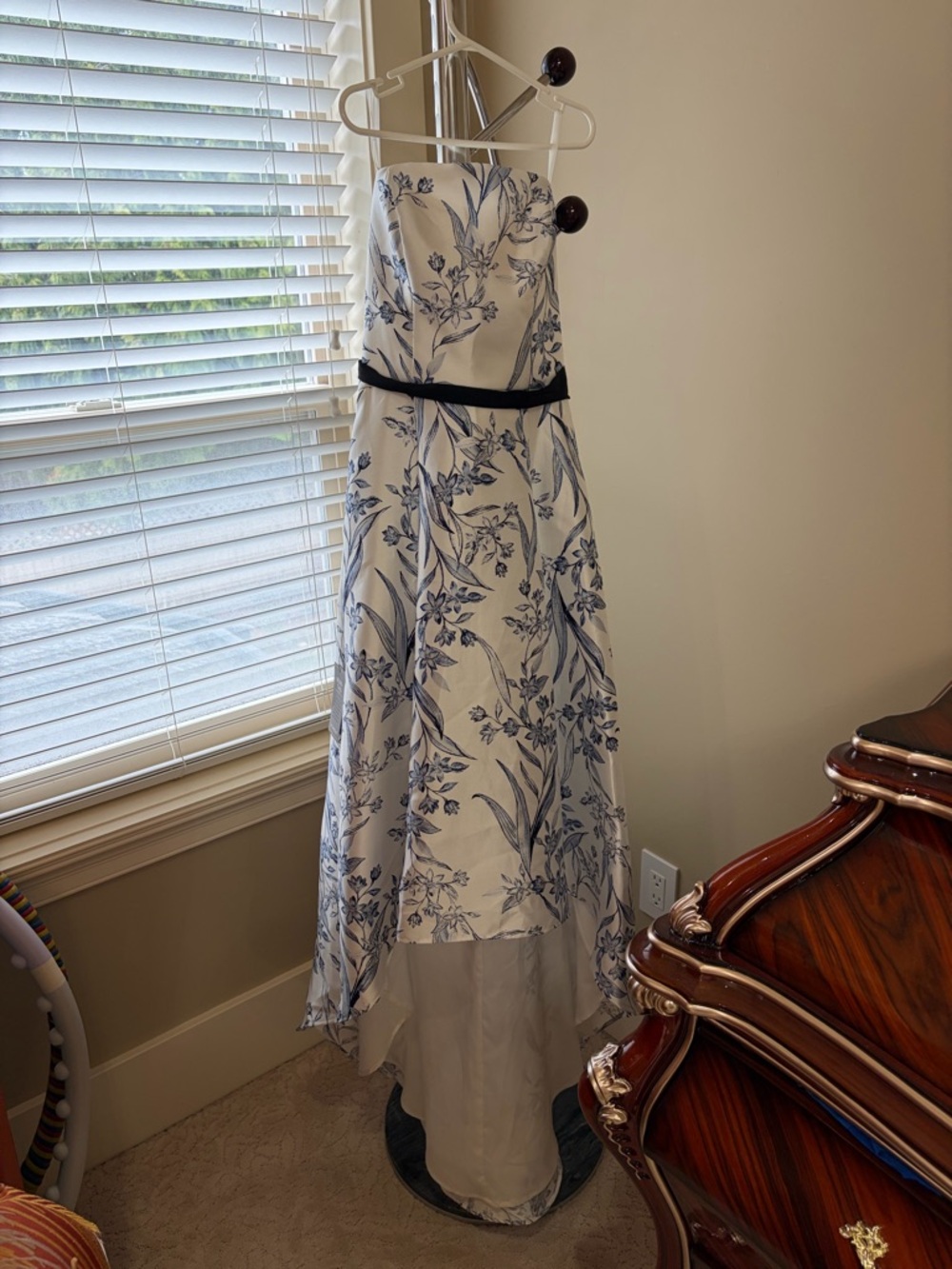 le chateau Strapless White Dress with Blue Floral Print and Black Waistband